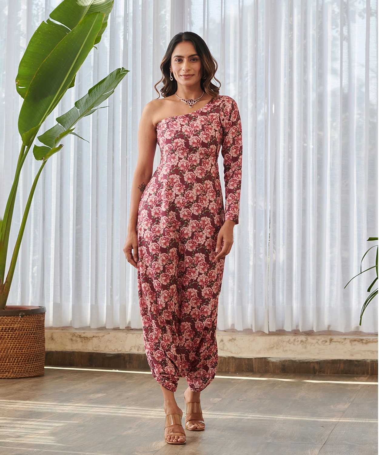 Burgundy One-Shoulder Dhoti Jumpsuit