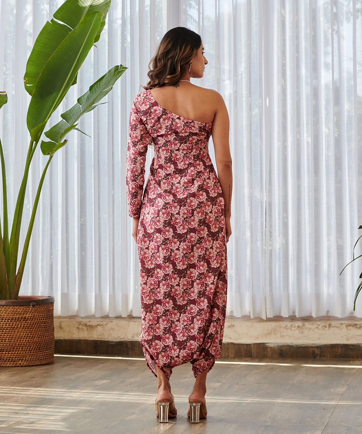 Burgundy One-Shoulder Dhoti Jumpsuit