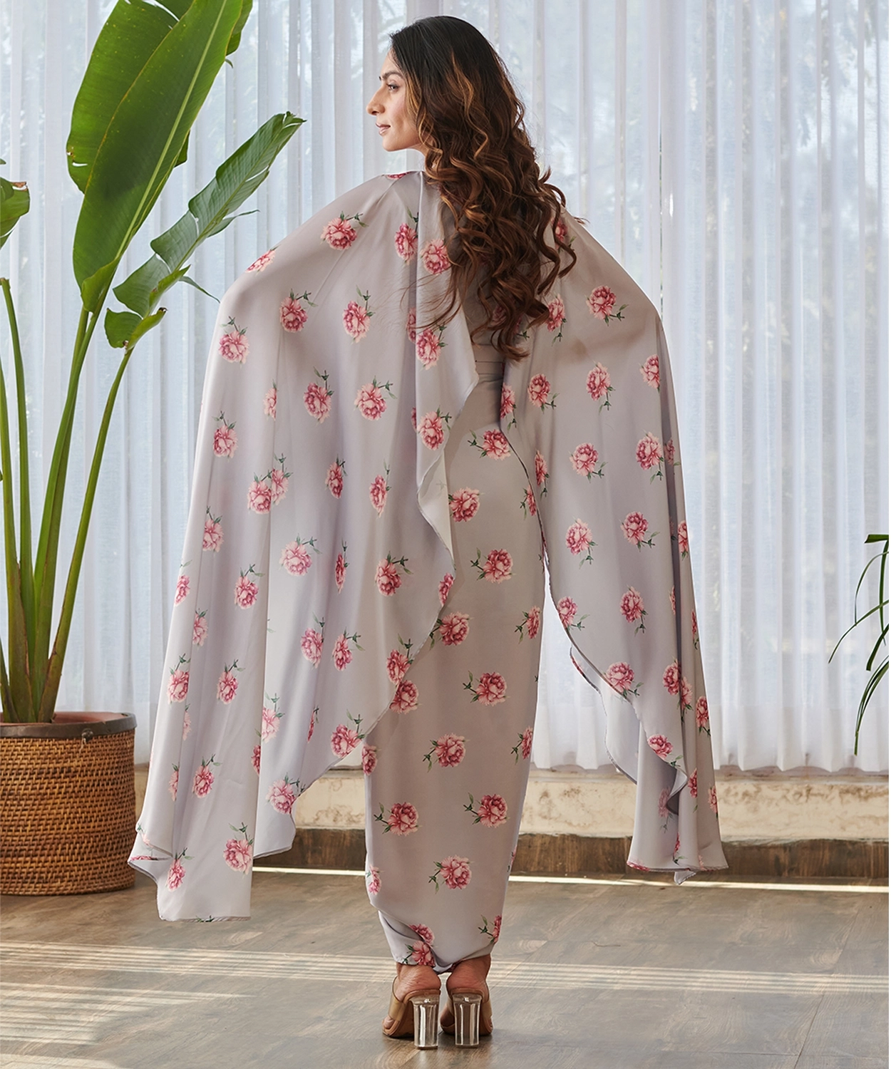 Pale Grey Cape Sleeved Top & Lungi Skirt