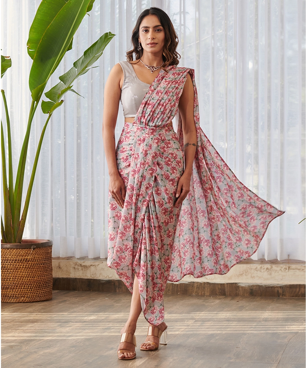 Pale Grey Lungi Saree Set