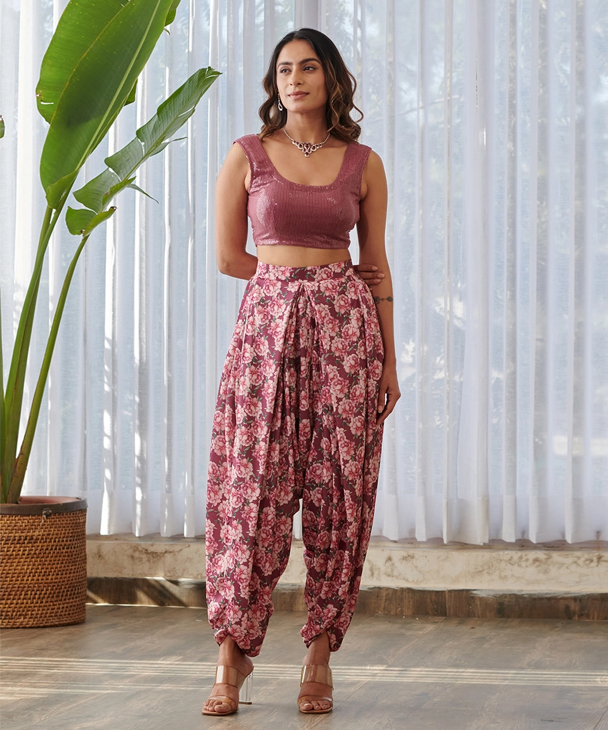 Burgundy Dhoti Pants & Sequinned Blouse Set