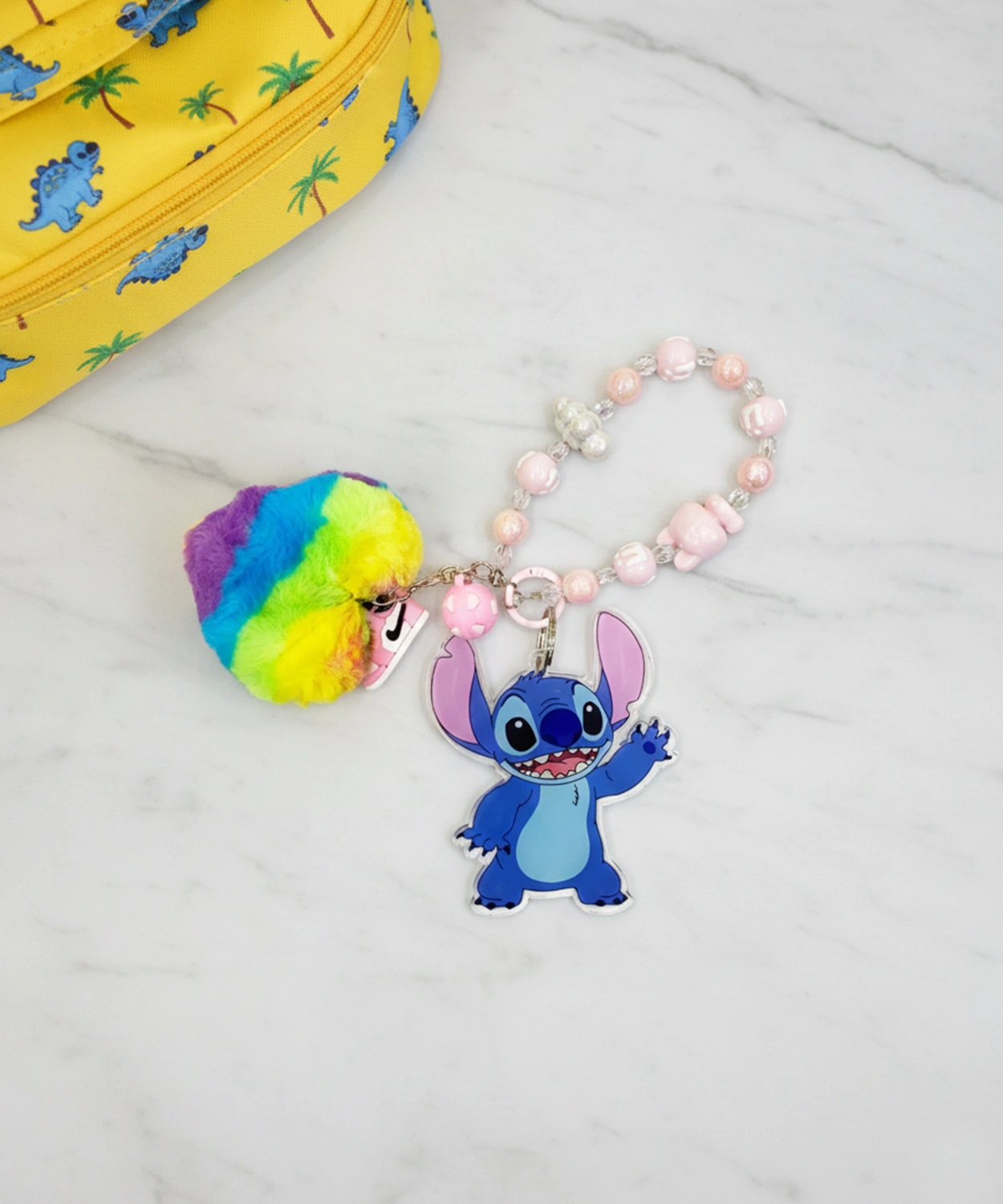 Waving Stitch & Rainbow Pom-Pom Keychain