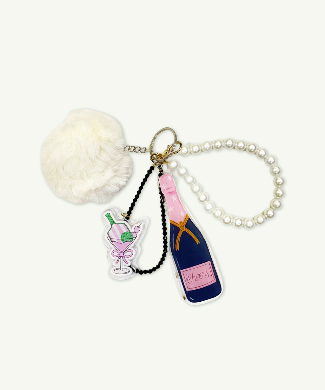 Celebration Bottle & Pearl Beaded Bag Charm Keychain