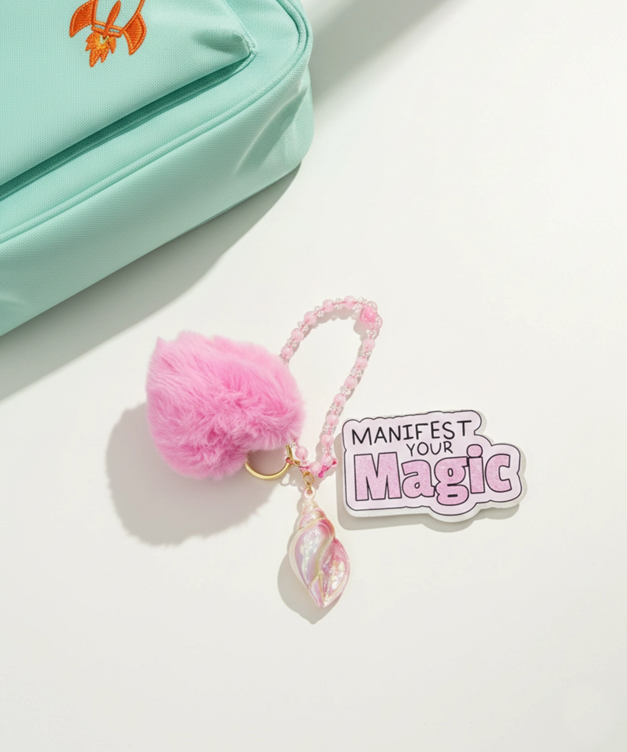 Pink Faux Fur Heart & Iridescent Seashell Charm Keychain