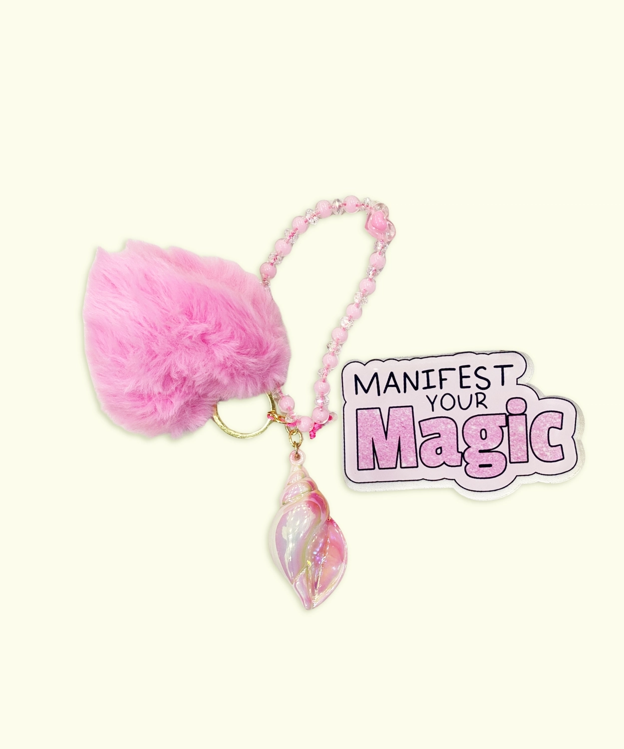 Pink Faux Fur Heart & Iridescent Seashell Charm Keychain