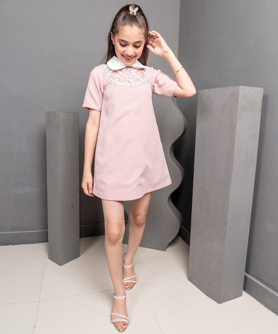 Dress With White Collor And Lace Detailing