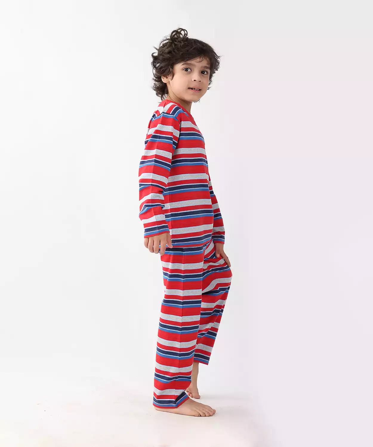 Red Blue Grey Stripe Boys Pyjama Set - Multi