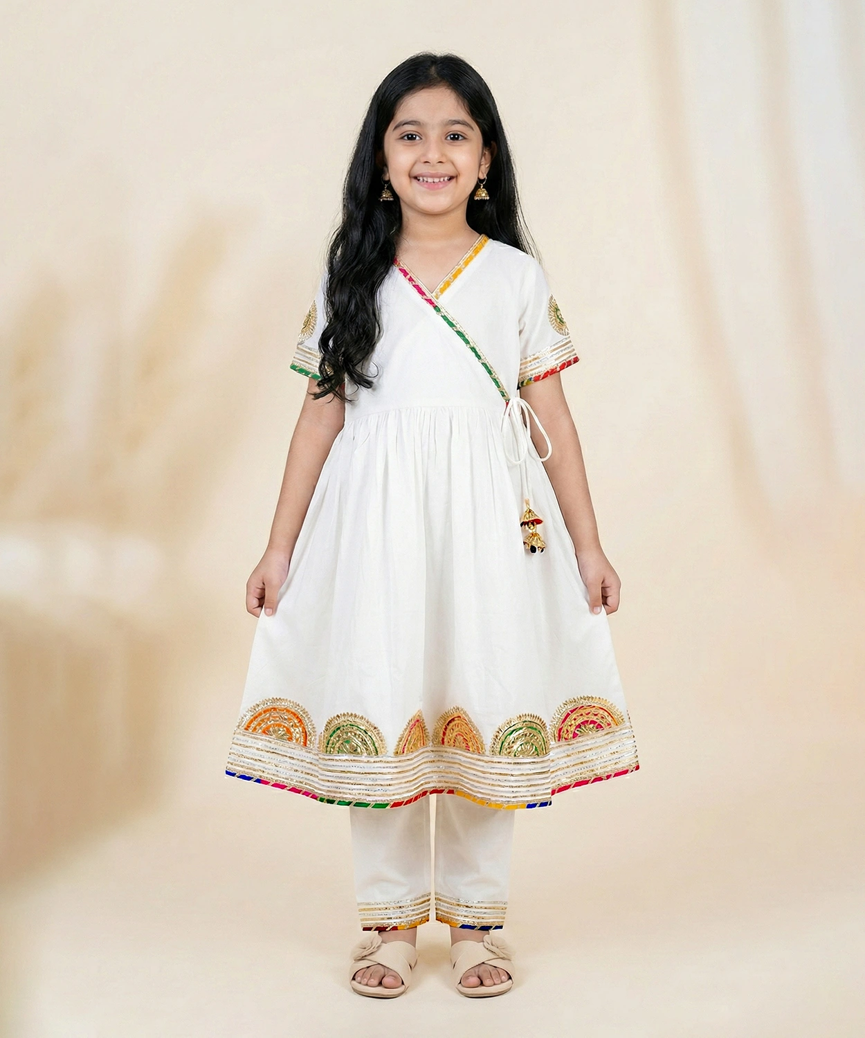 Girls White Gota Patti Angrakha Style Anarkali Kurta Set
