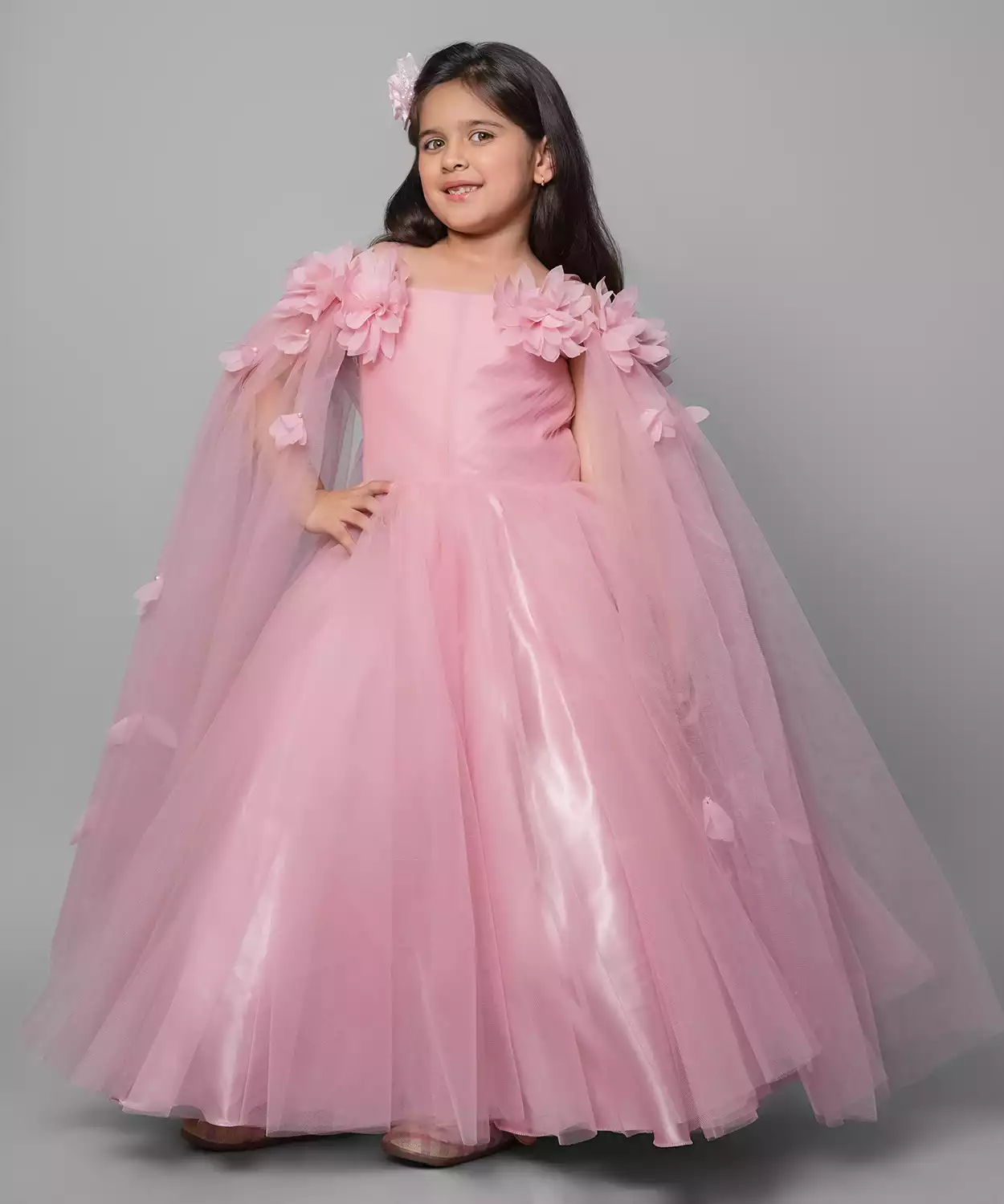 Pink Flared Gown With Handmade Flower And Flowing Open Sleeves