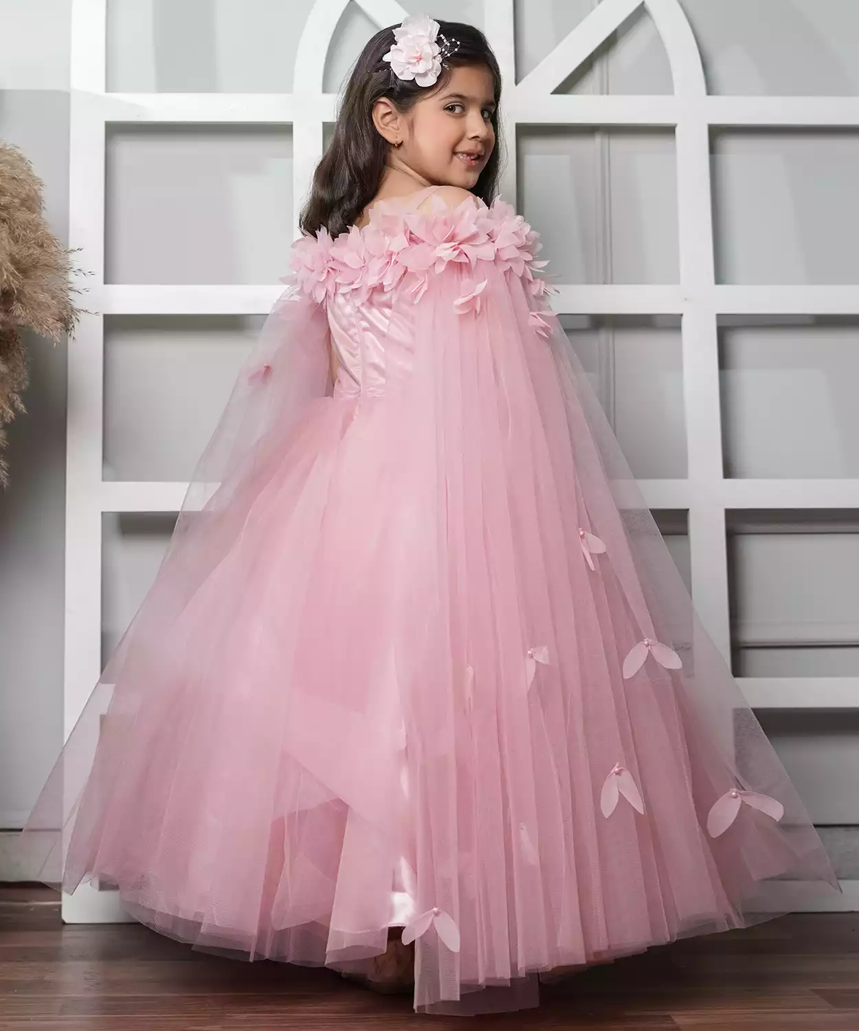 Pink Flared Gown With Handmade Flower And Flowing Open Sleeves