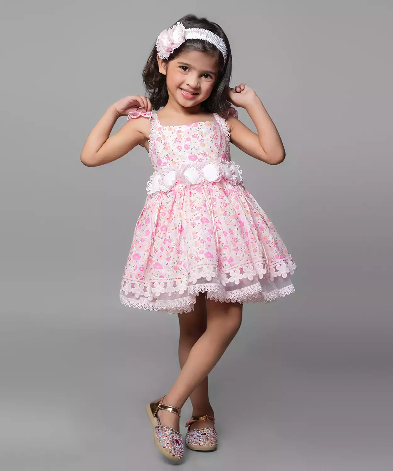 Floral Printed Dress Embelished With Flower Belt