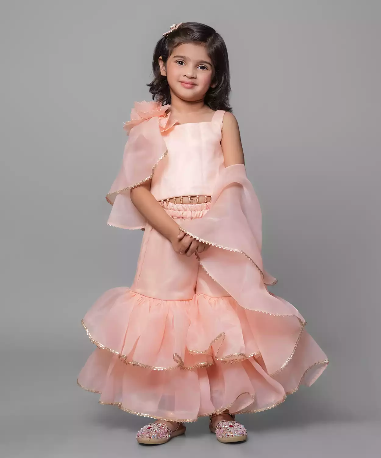 Peach Gharara With Flower Dupatta