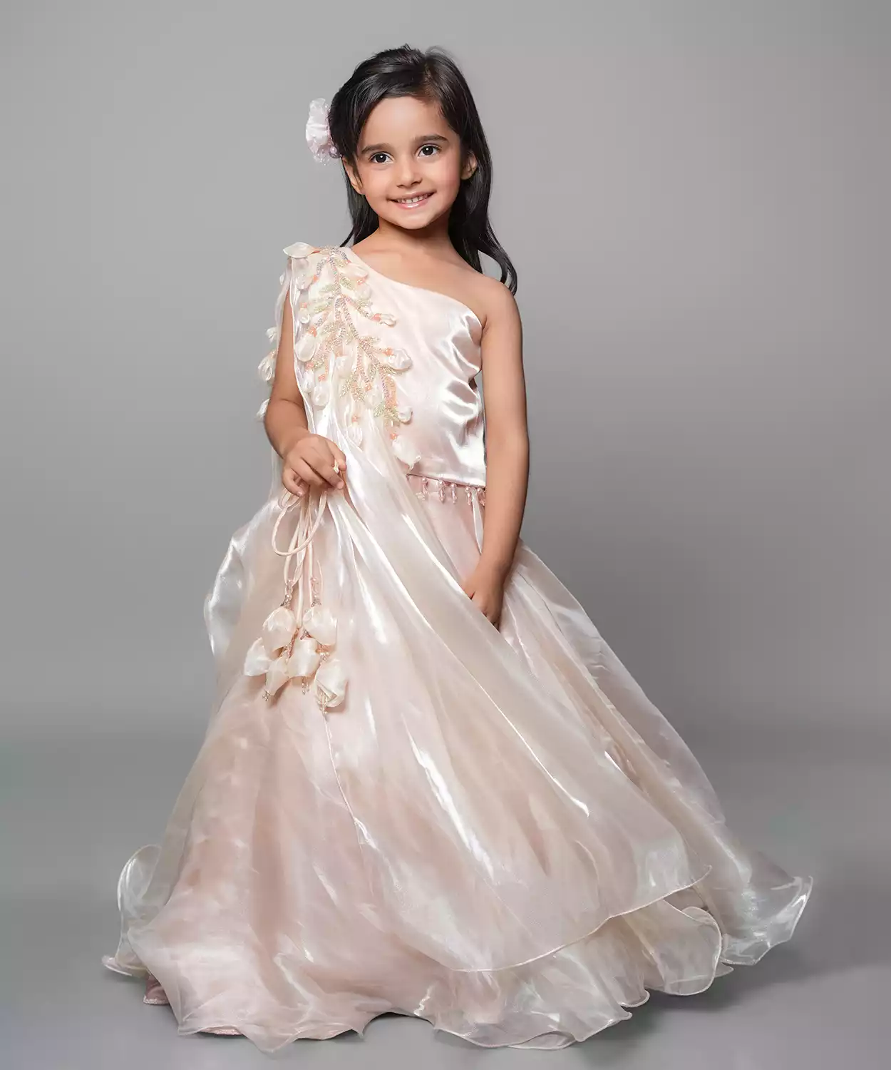 Tissue Peach Lehenga Set With Embroidery And Handmade Flower Embelishment