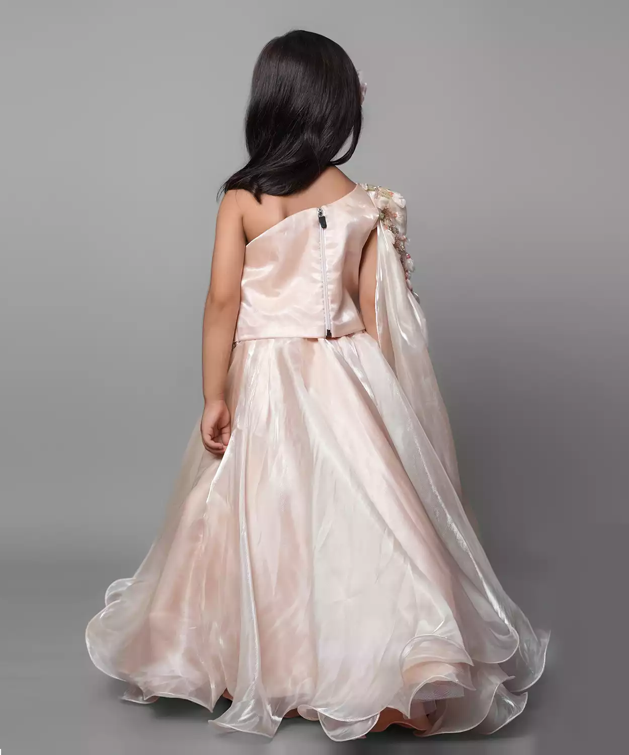 Tissue Peach Lehenga Set With Embroidery And Handmade Flower Embelishment