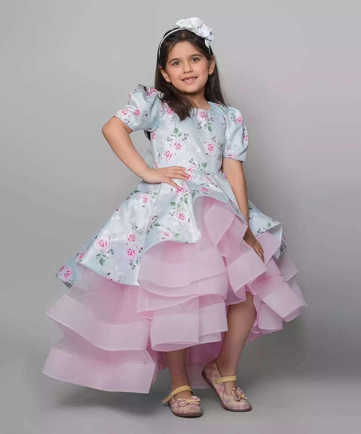 Floral Printed Glaze Asymmetric Gown With Handmage Detachable Butterfly At The Back