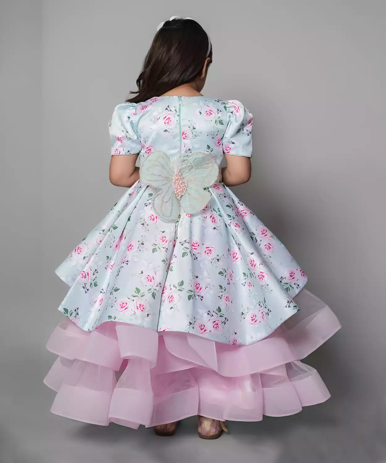 Floral Printed Glaze Asymmetric Gown With Handmage Detachable Butterfly At The Back