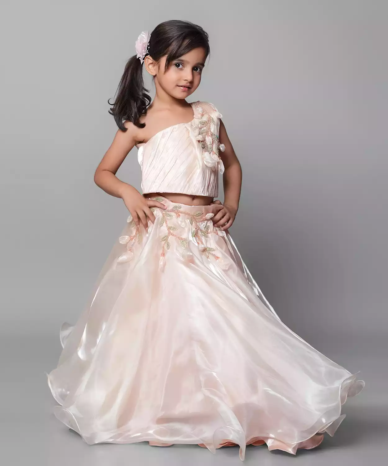 Tissue Peach Lehenga Set With Embroidery And Handmade Flower Embelishment