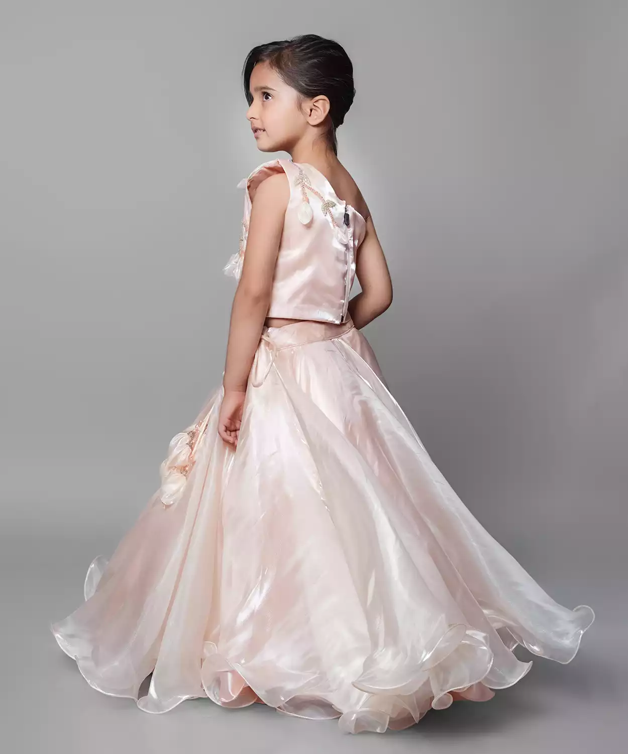 Tissue Peach Lehenga Set With Embroidery And Handmade Flower Embelishment