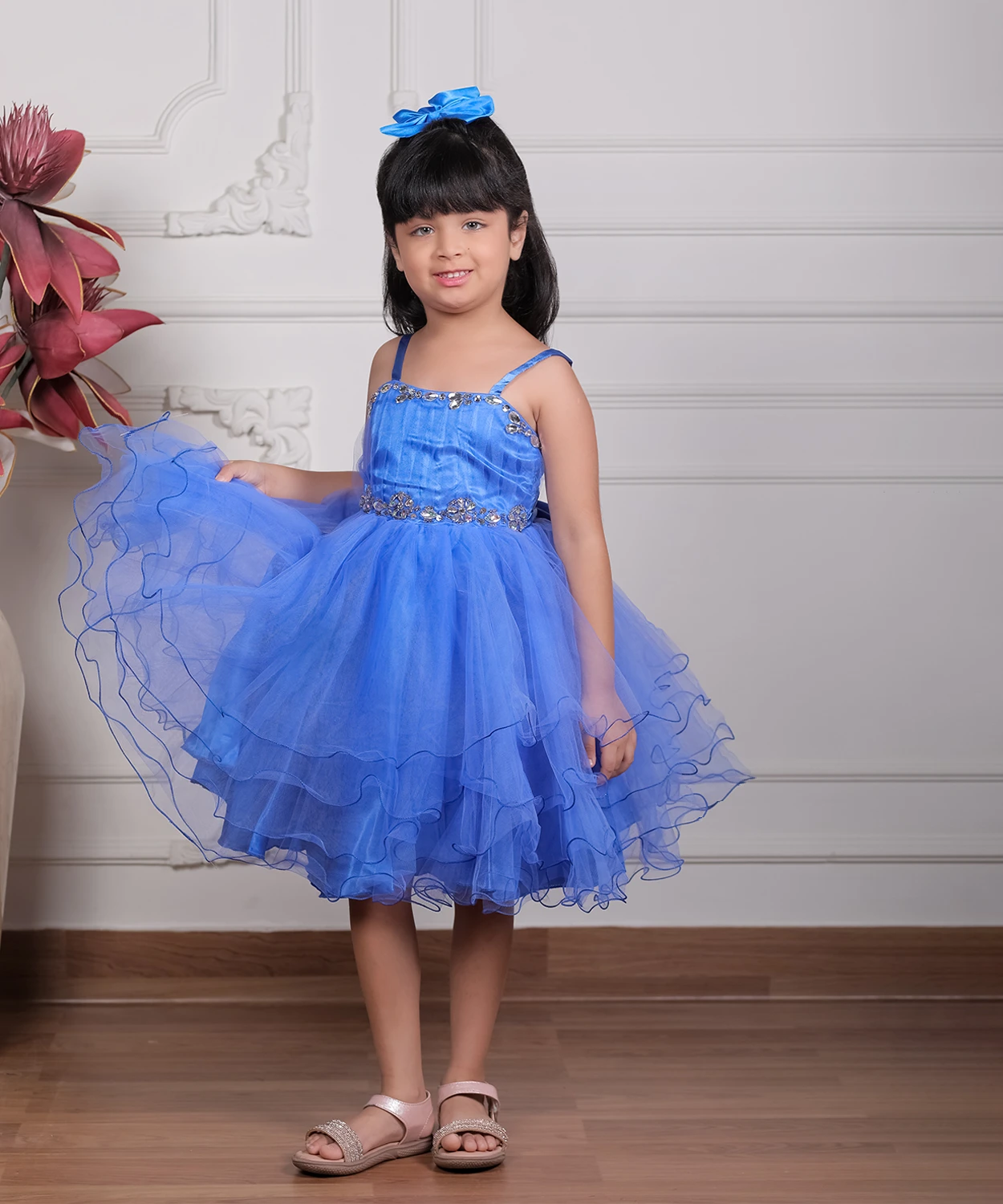 Net Dress With Flare And Silver Embellished