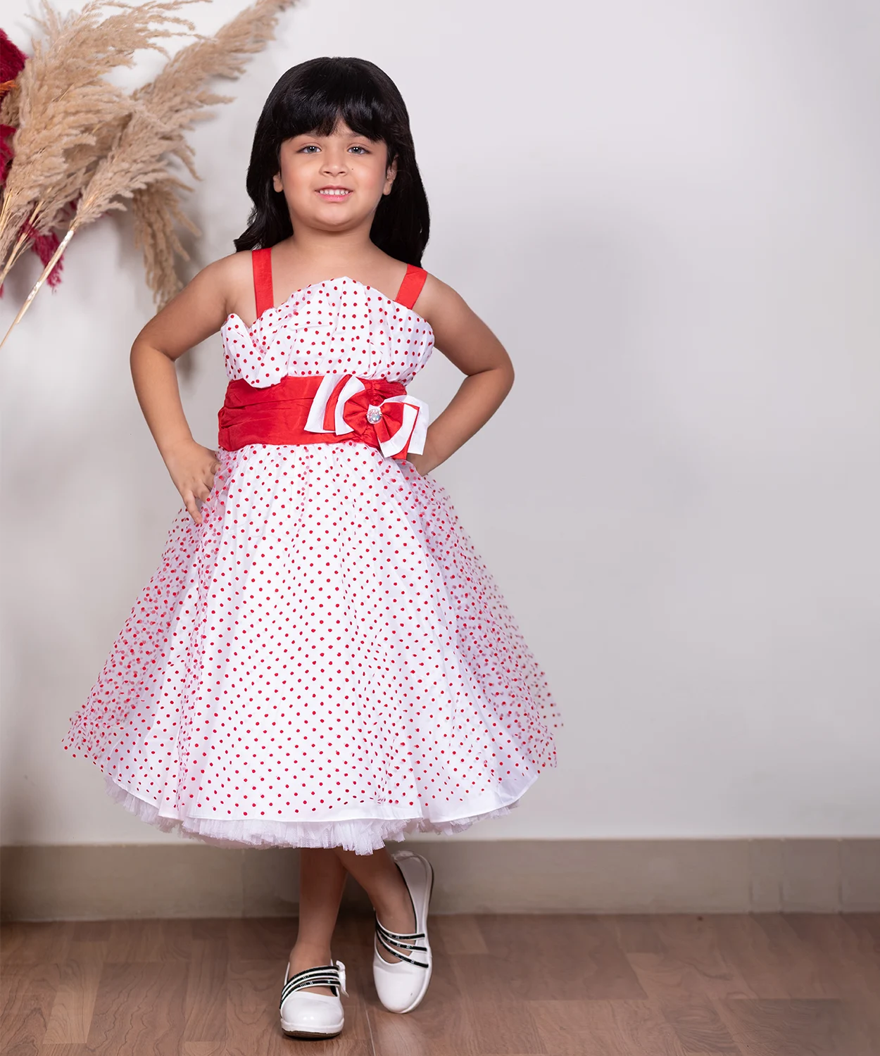 A Polka Dot Organza Dress With Wide Red Belt