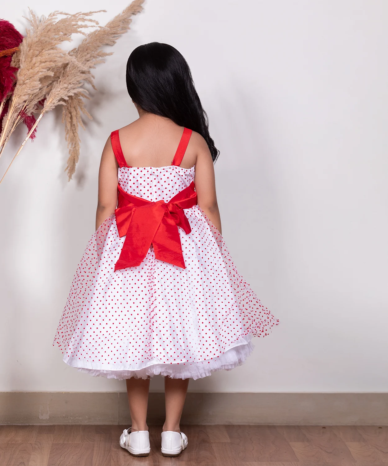 A Polka Dot Organza Dress With Wide Red Belt