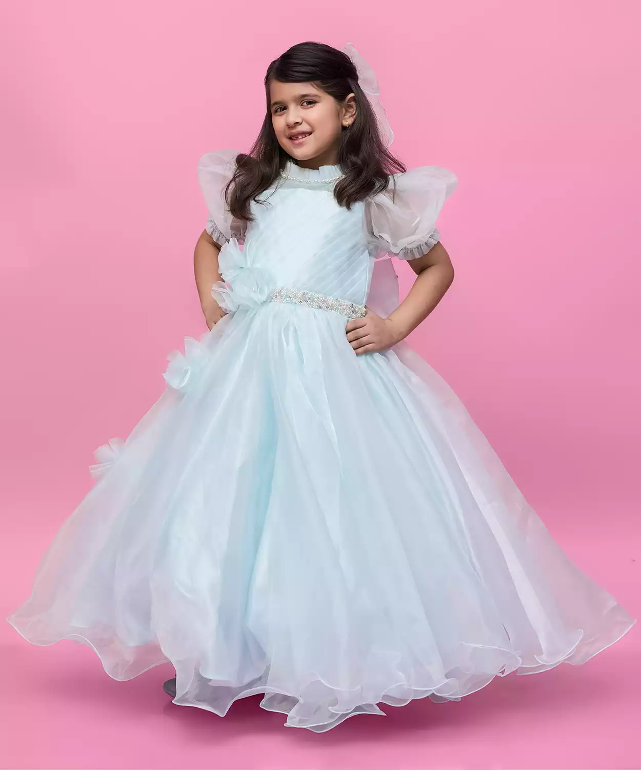 Sky Blue Organza Gown With Puff Sleeves