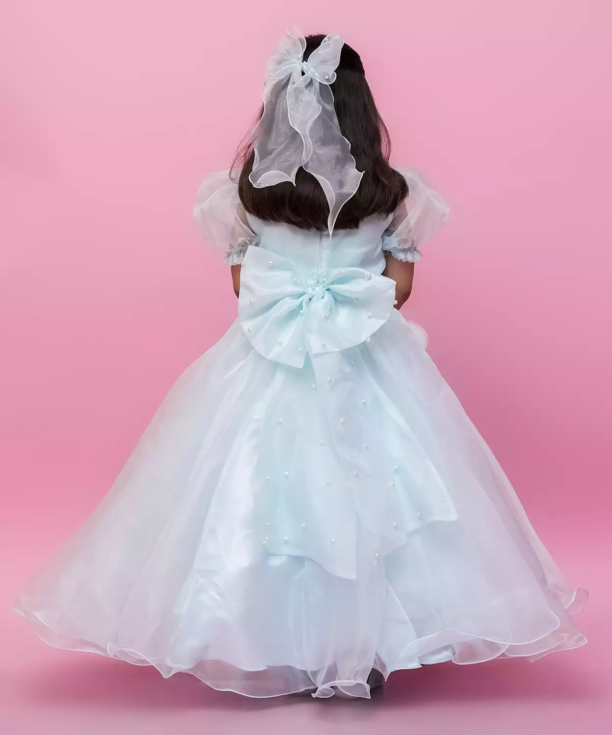 Sky Blue Organza Gown With Puff Sleeves