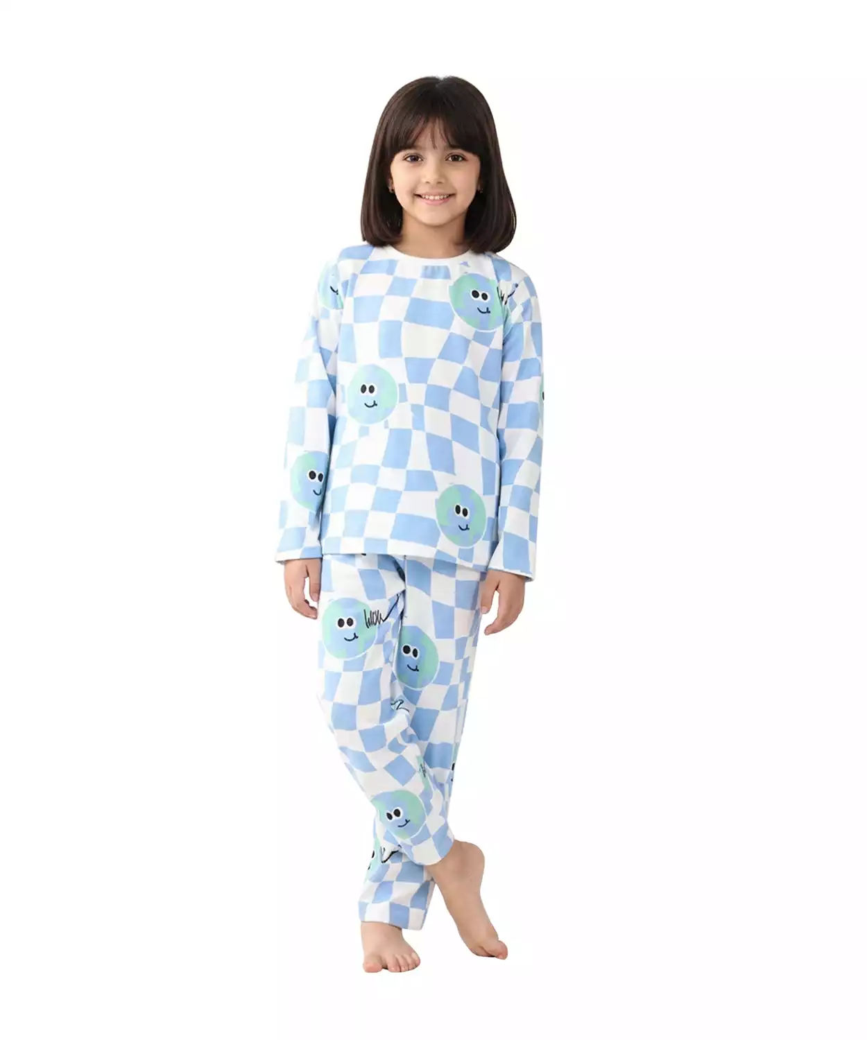 Globe Check Girls Long Sleeves Pyjama Set - Blue