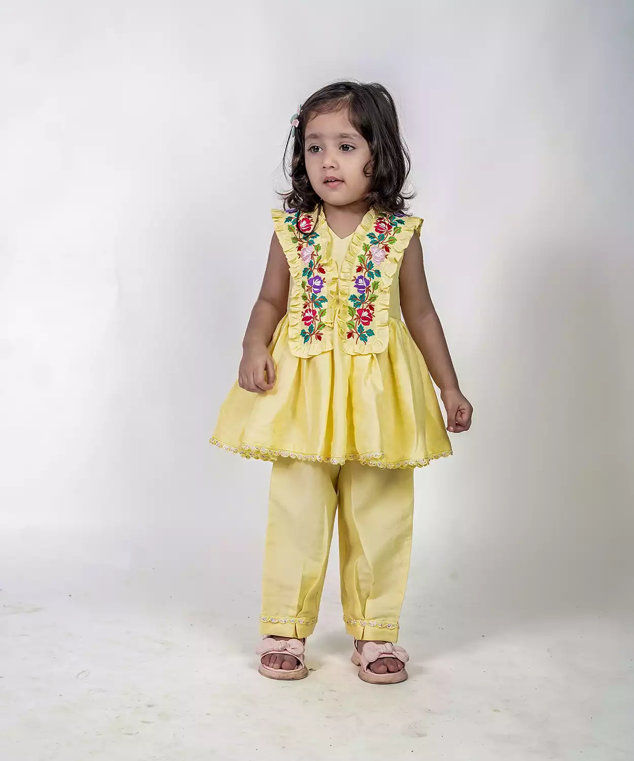 Floral Queen Yellow Embroidered V Neck Short Kurti And Pants