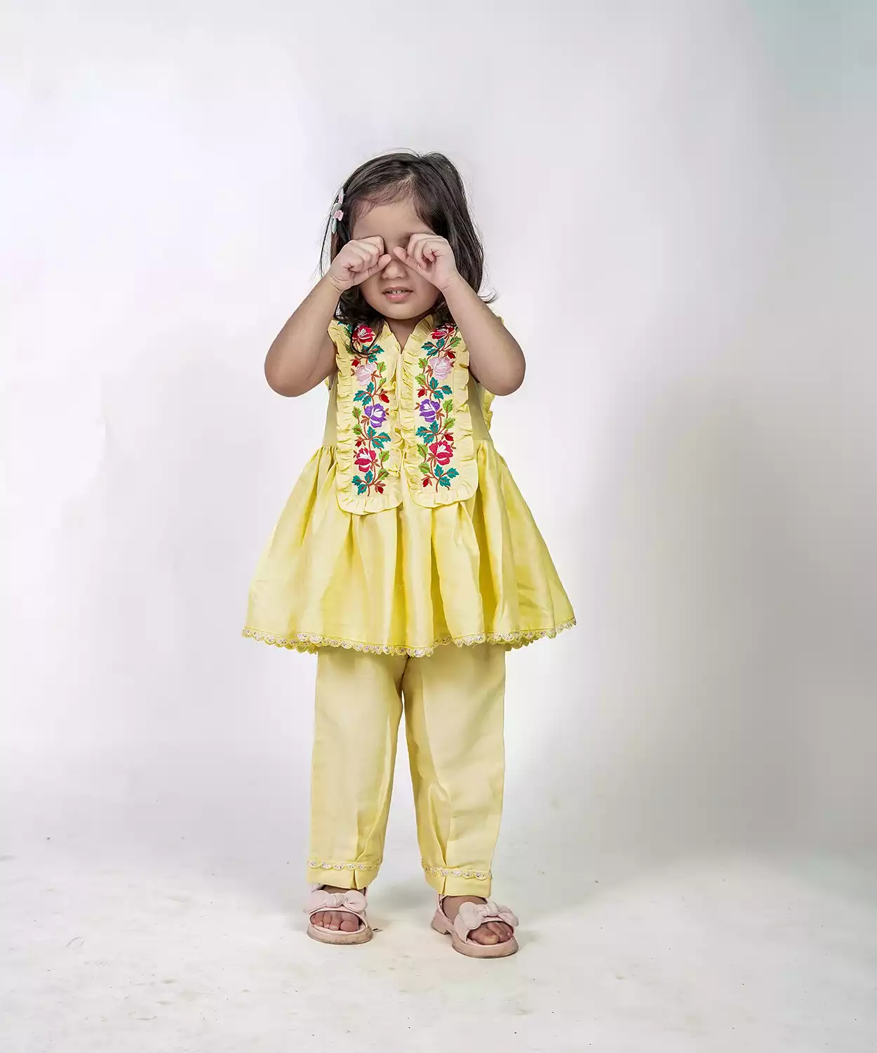 Floral Queen Yellow Embroidered V Neck Short Kurti And Pants