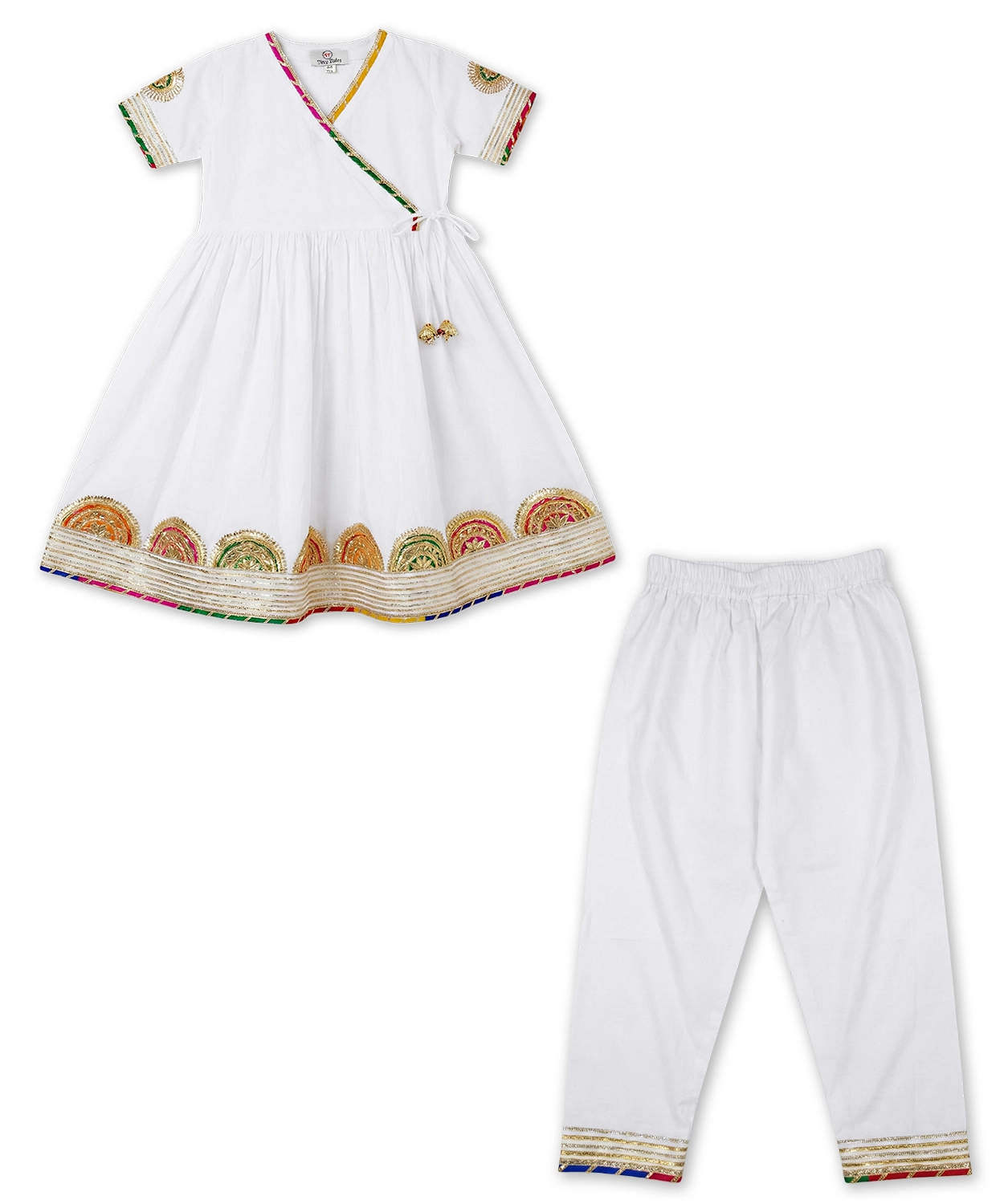 Girls White Gota Patti Angrakha Style Anarkali Kurta Set