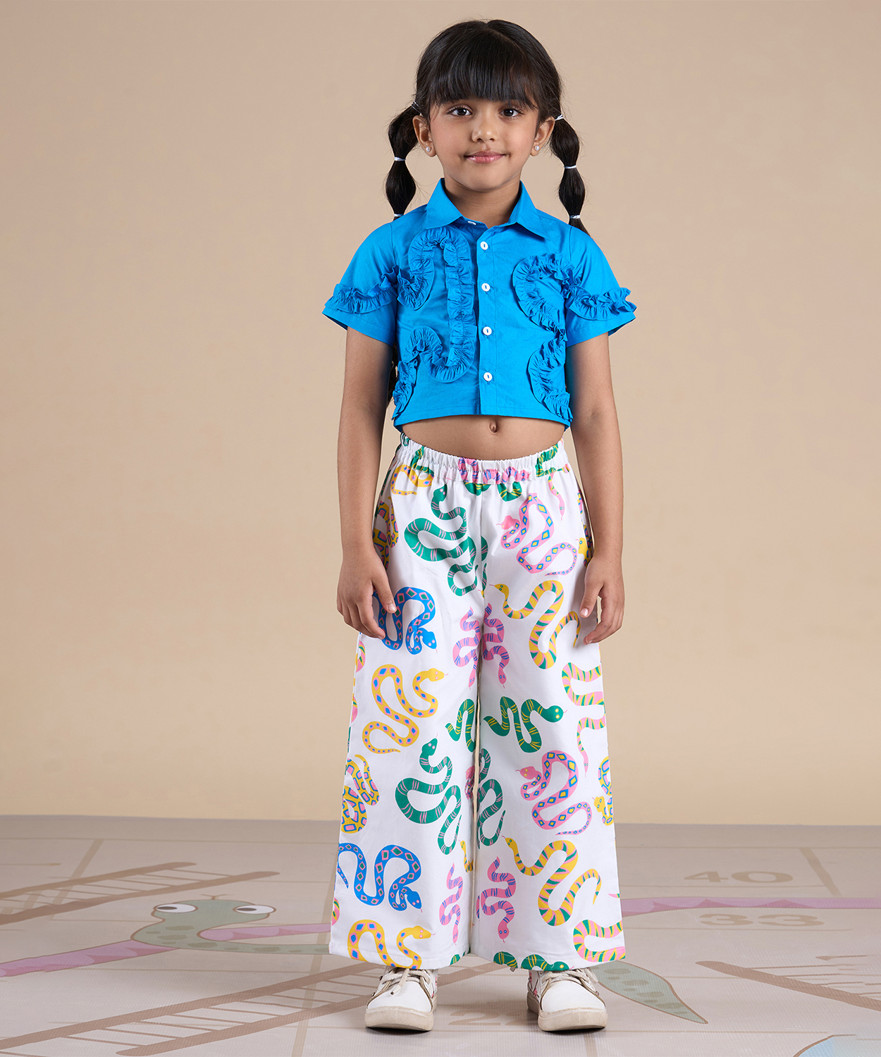 Snakes And Ladders Girls Blue Shirt And Snake Print Pant Set