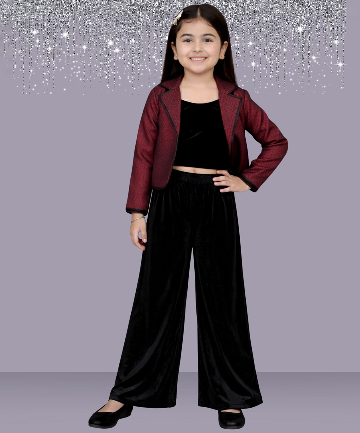 Glam up Girls Party Maroon Jacket With Black Top and Pant