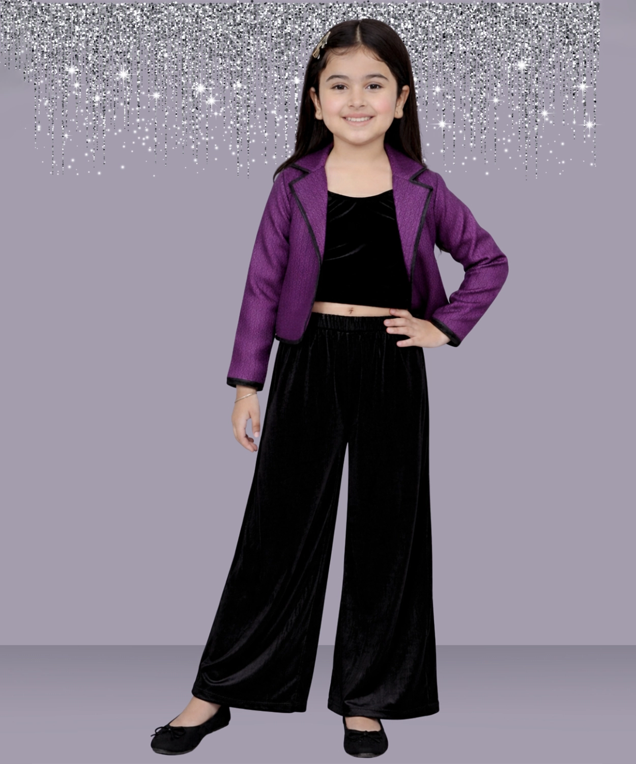 Glam up Girls Party Violet Jacket With Black Top and Pant