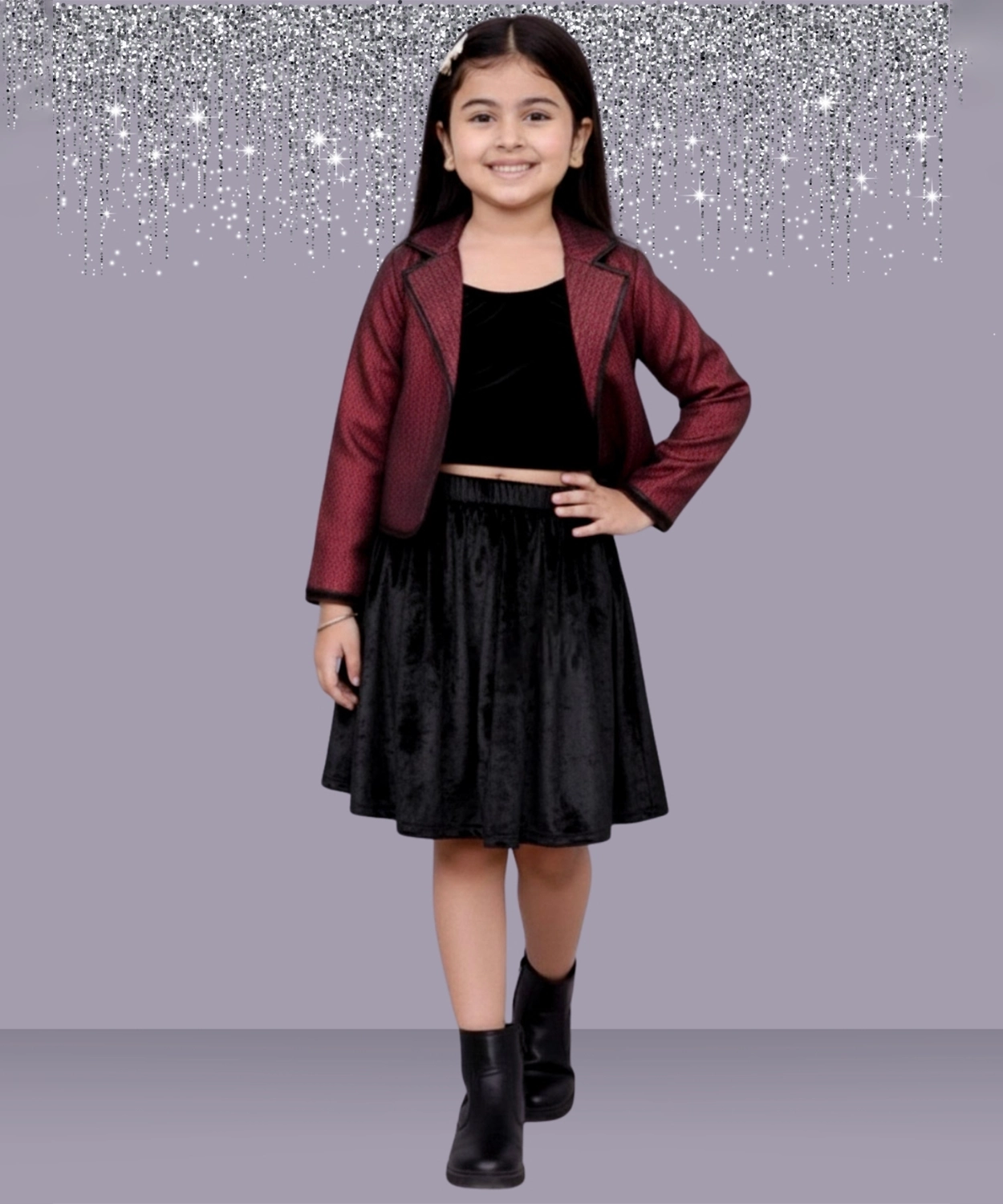 Glam up Girls Party Maroon Jacket With Black Top and Skirt