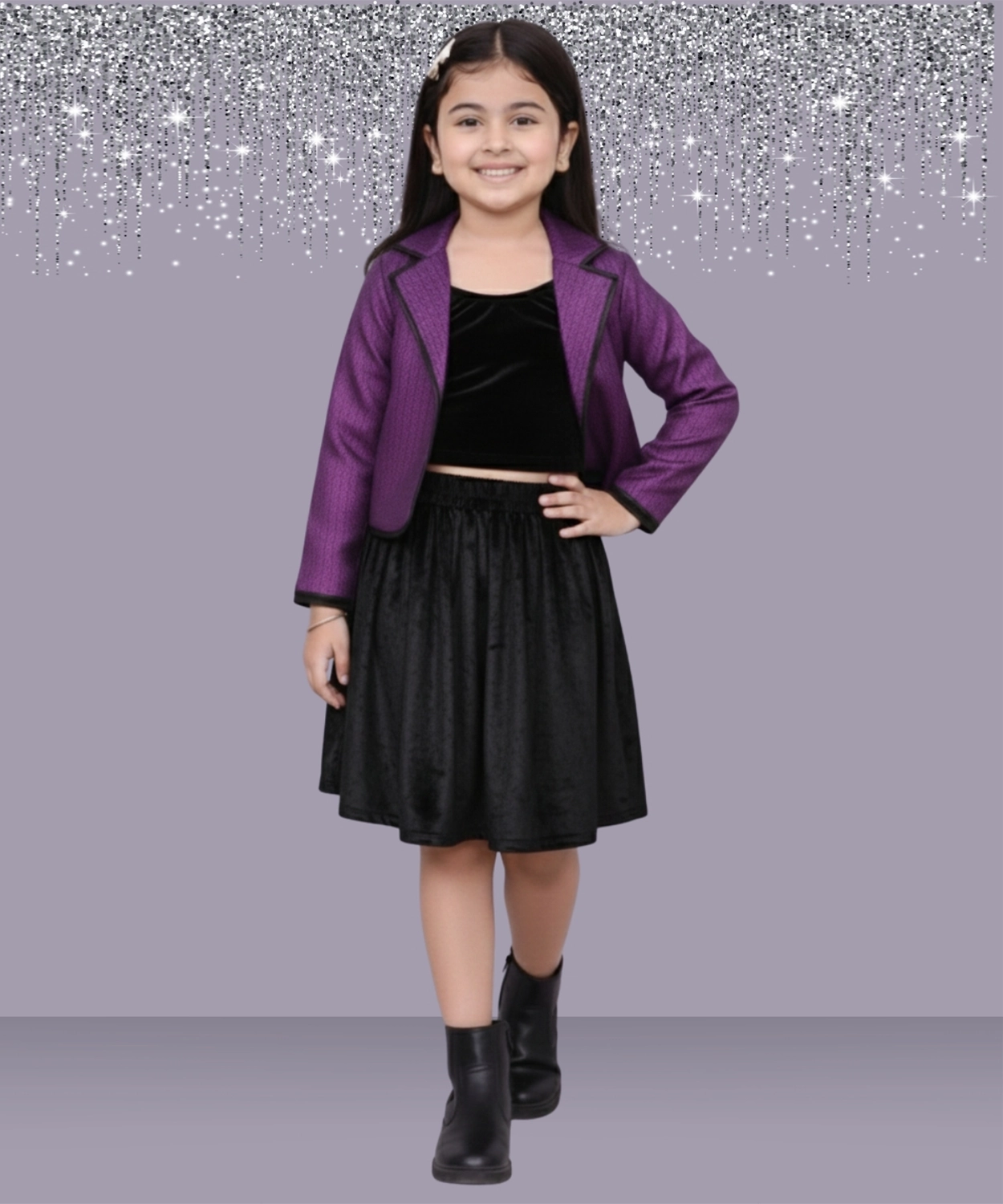 Glam up Girls Party Violet Jacket With Black Top and Skirt