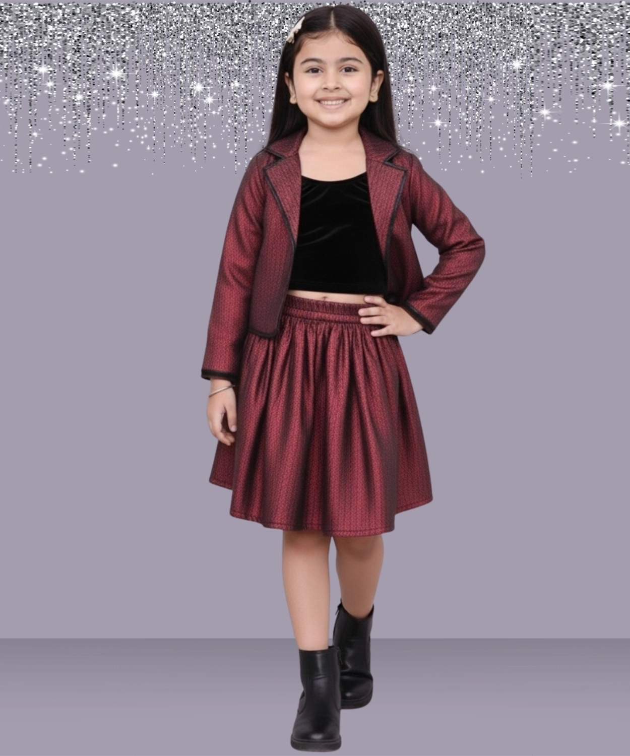 Glam up Girls Party Maroon Jacket and Skirt with Top