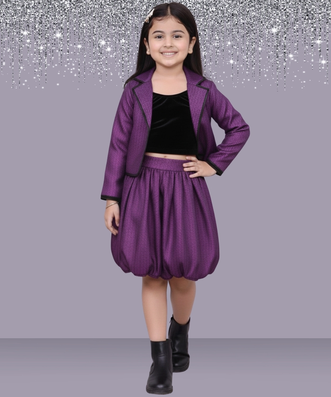 Glam up Girls Party Violet Jacket and Skirt with Top