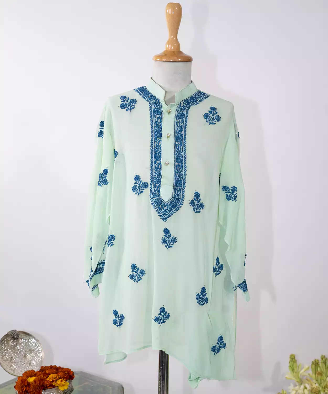 Soft Green Kurta With Intricate Blue Chikankari Work