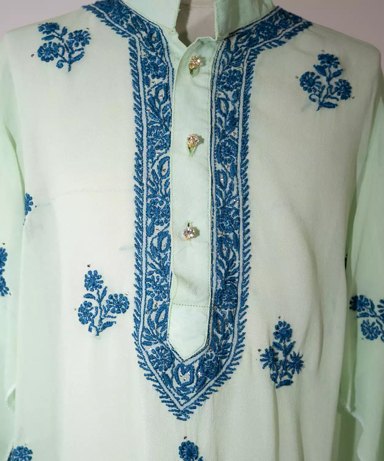Soft Green Kurta With Intricate Blue Chikankari Work