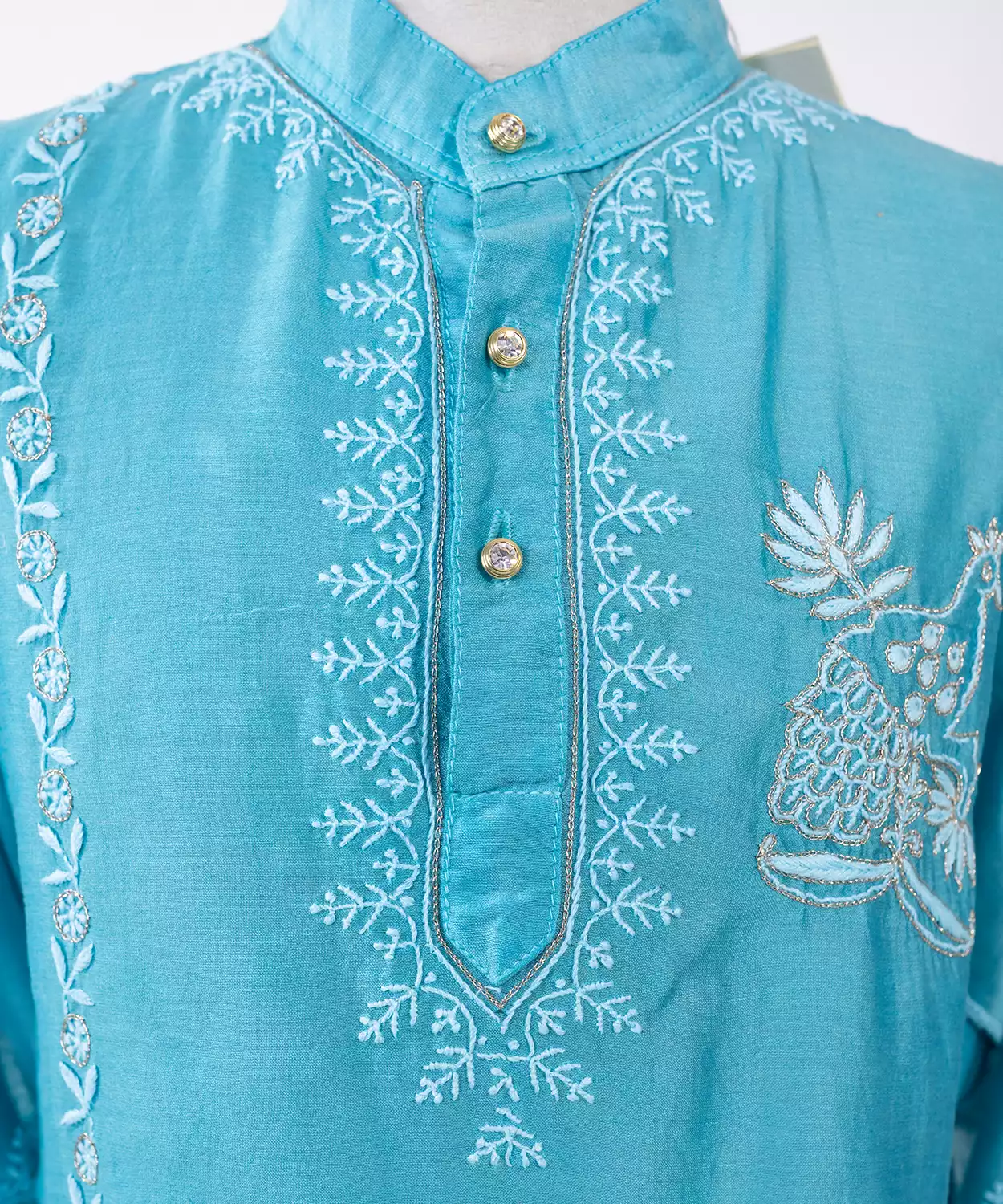 Chikankari And Aari Embroidered Peacock Motif Chanderi Kurta