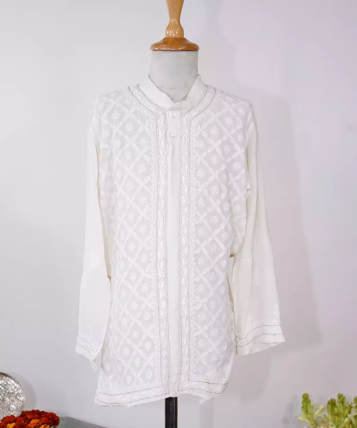 Sherwani Style Chikankari Jaal Kurta With Gold Ari Work