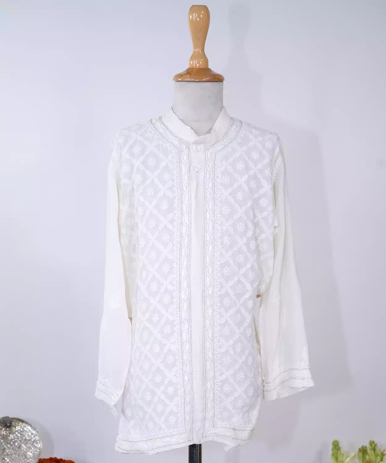 Sherwani Style Chikankari Jaal Kurta With Gold Ari Work