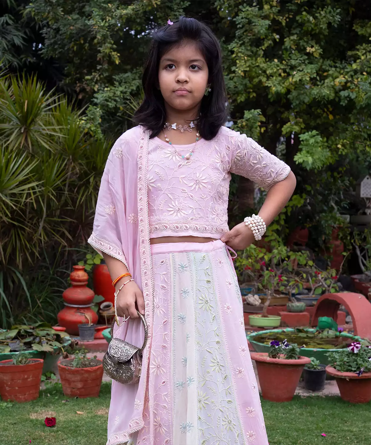 Multi Coloured Chikankari Lehenga With Cut Dana And Embroidery