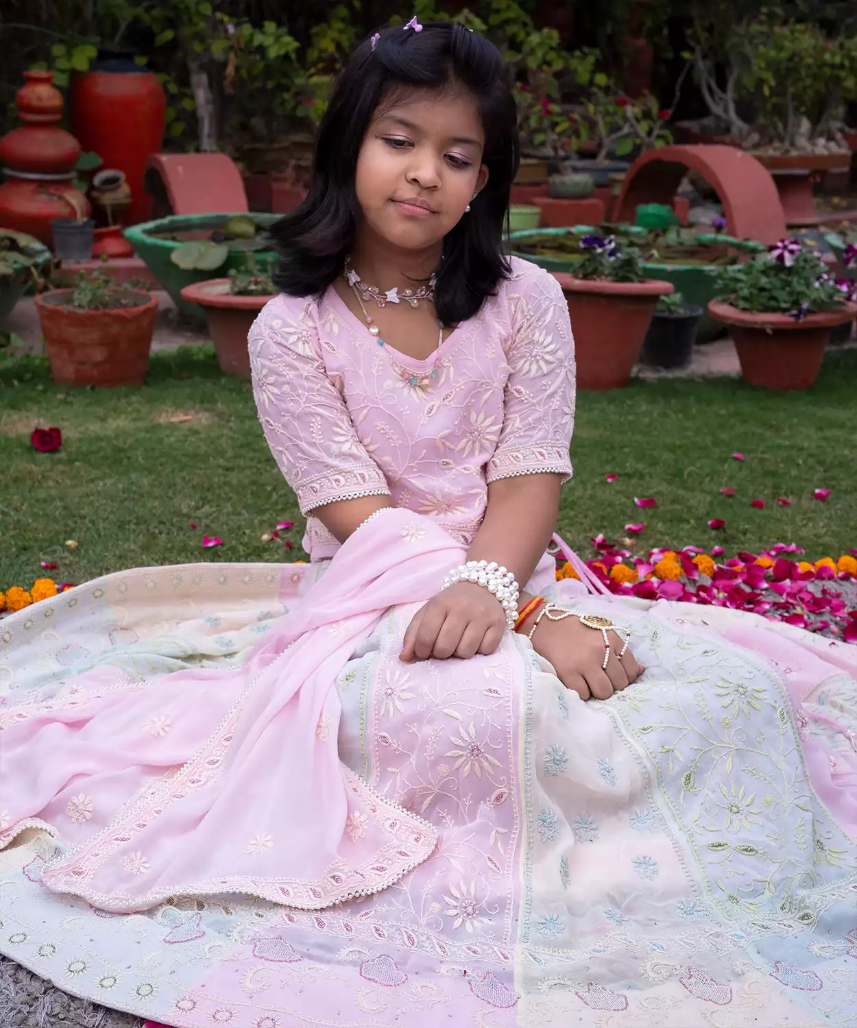 Multi Coloured Chikankari Lehenga With Cut Dana And Embroidery