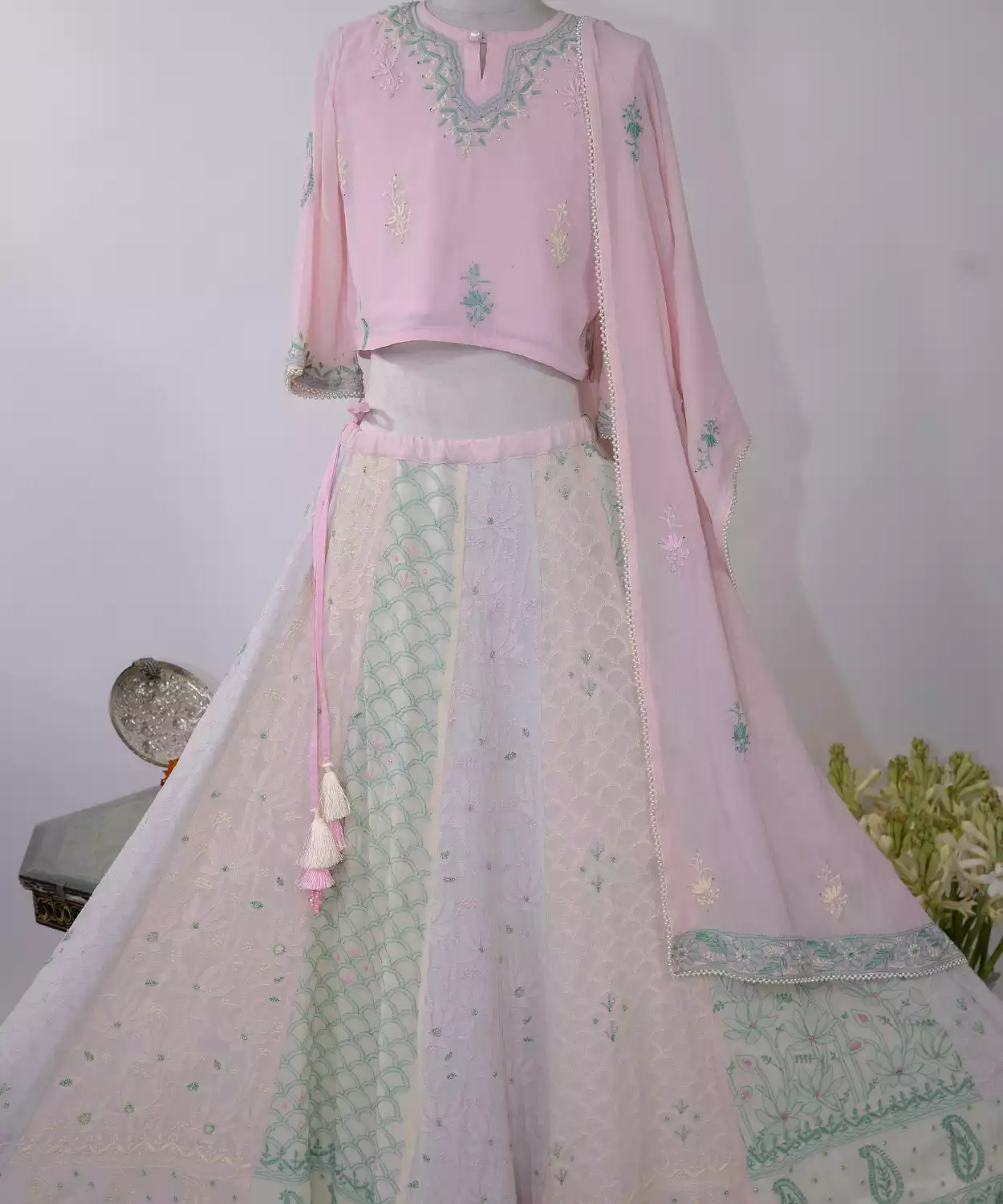 Blooming Lotus Multi Coloured Chikankari Lehenga And Hand Embroidery