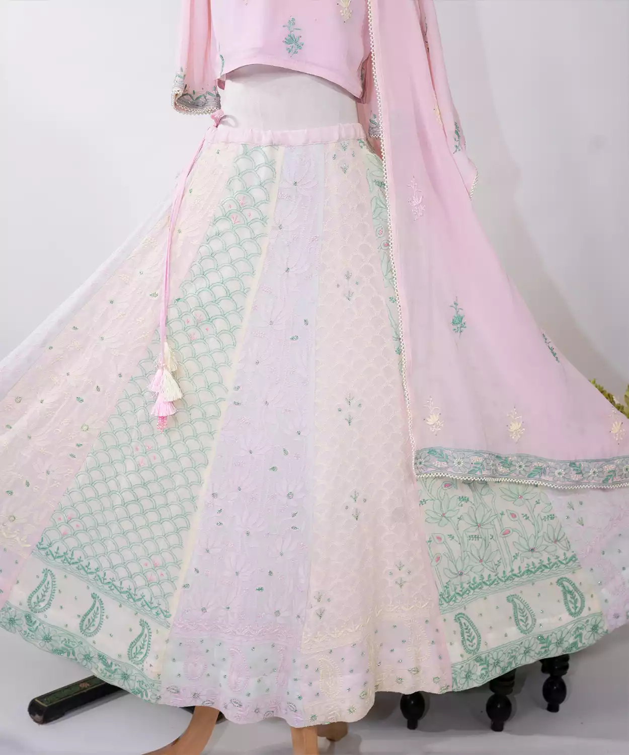 Blooming Lotus Multi Coloured Chikankari Lehenga And Hand Embroidery
