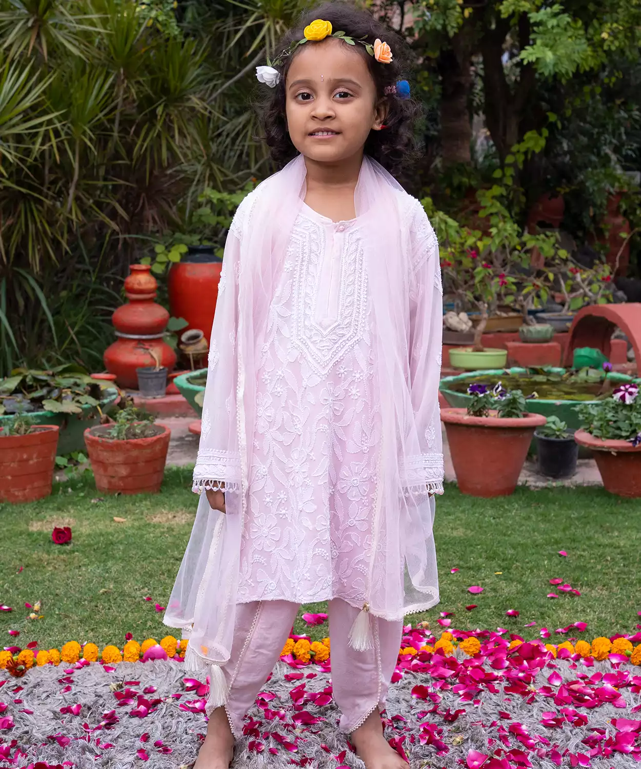 Chikankari Jaal Kurti With Pearl Work Tulip Pants And Dupatta Set