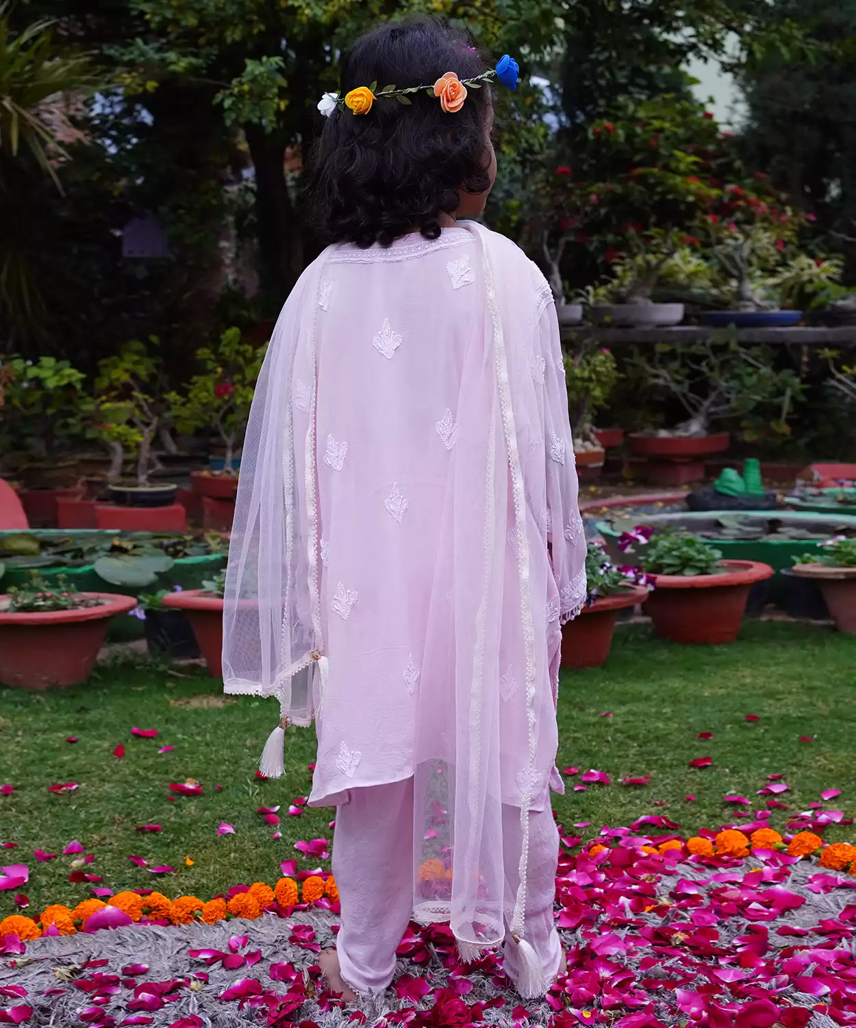 Chikankari Jaal Kurti With Pearl Work Tulip Pants And Dupatta Set