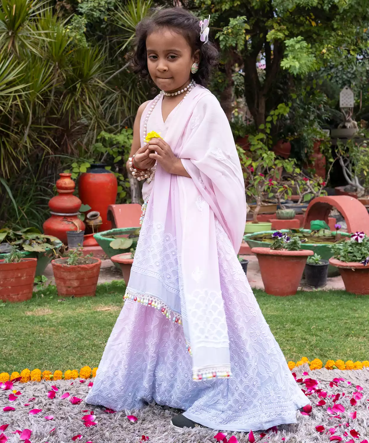 Shaded Chikankari And Moti Hand Embroidered Lehenga Set